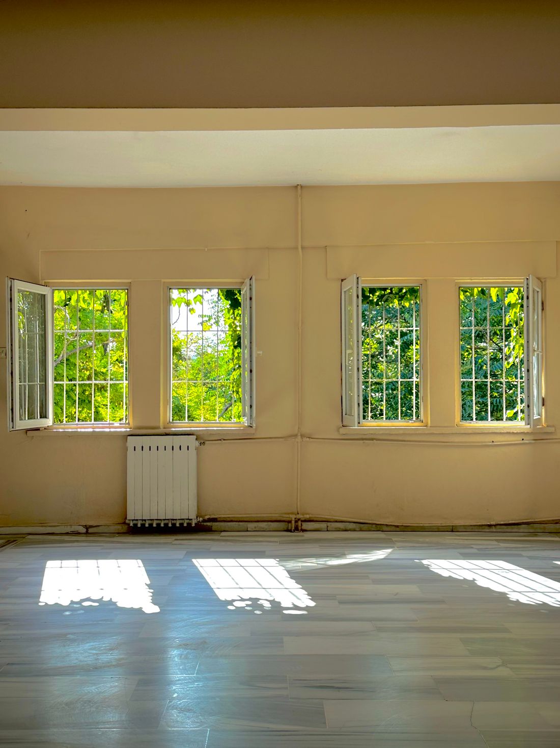 An empty room with four casement windows in a row, morning sun throwing their grids onto the floor a couple of metres in