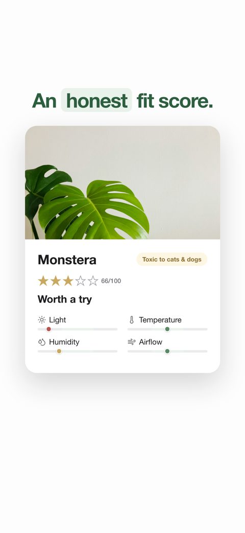 GrowSpot screenshot: an honest fit score for a Monstera, with light, temperature, humidity and airflow dimensions