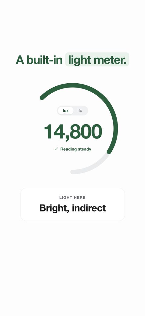 GrowSpot screenshot: built-in light meter reading 14,800 lux, bright indirect