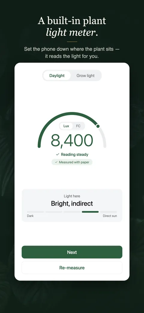 The built-in light meter reading 8,400 lux at a spot, marked measured with paper and placed as bright, indirect on a scale from dark to direct sun, with a lux or foot-candle toggle and separate daylight and grow-light modes